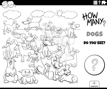 Black and White Illustration of Educational Counting Game for Kids with Cartoon Funny Dogs Animal Characters Group Outdoor Coloring Book Page