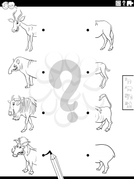Black and White Cartoon Illustration of Educational Task of Matching Halves of Pictures with Wild Animal Characters Coloring Book Page