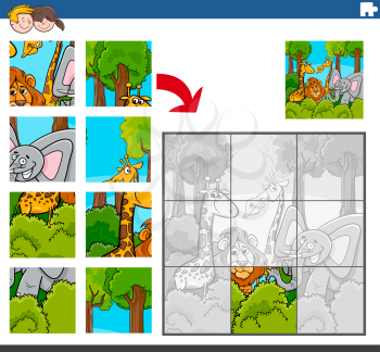 Cartoon Illustration of Educational Jigsaw Puzzle Game for Children with Funny Wild Animal Characters Group