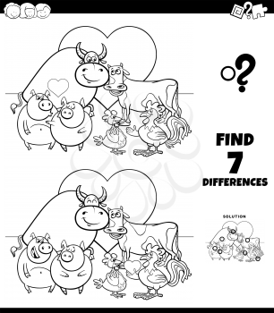 Black and White Cartoon Illustration of Finding Differences Between Pictures Educational Game for Children with Funny Farm Animal Characters in Love on Valentines Day Coloring Book Page