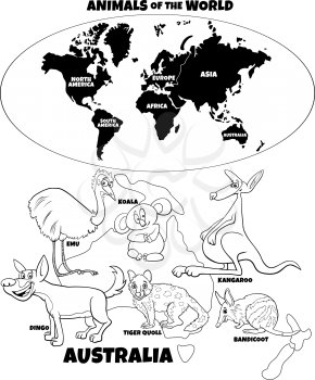 Black and White Educational Cartoon Illustration of Typical Australian Animals and World Map with Continents Coloring Book Page