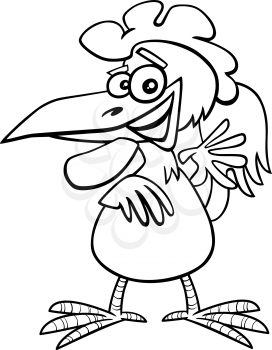 Black and White Cartoon Illustration of Comic Rooster Farm Bird Animal Character Coloring Book Page