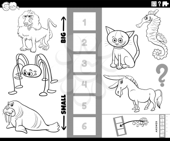 Black and White Cartoon Illustration of Educational Task of Finding the Biggest and the Smallest Animal Species with Funny Characters for Children Coloring Book Page