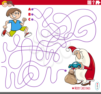 Cartoon illustration of lines maze puzzle game with Santa Claus and happy boy on Christmas time