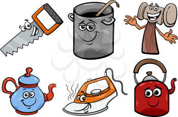 Cartoon Illustration of Household and Every Day Objects Characters Clip Art Set