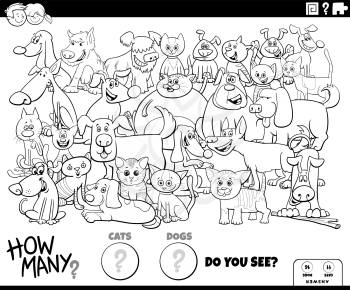Black and White Illustration of Educational Counting Game for Children with Cartoon Funny Cats and Dogs Animal Characters Group Coloring Book Page