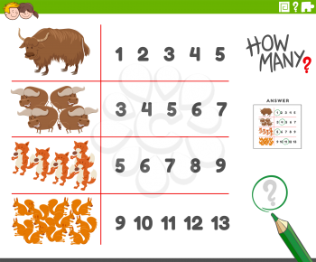 Cartoon Illustration of Educational Counting Task for Children with Wild Animal Characters