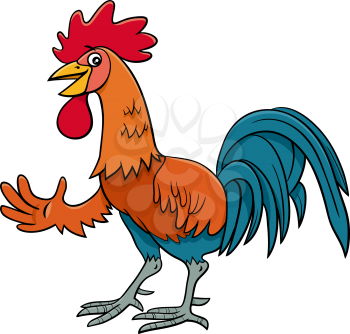 Cartoon Illustration of Funny Rooster Farm Bird Animal Character