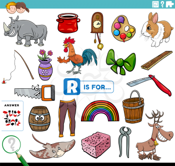 Cartoon illustration of finding pictures starting with letter R educational task worksheet for children with objects and comic characters