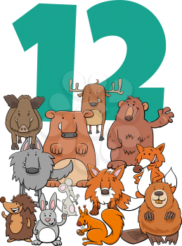 Cartoon Illustration of Number Twelve with Funny Wild Animal Characters Group