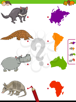 Cartoon Illustration of Educational Pictures Matching Game for Children with Animal Species Characters and Continent Silhouettes