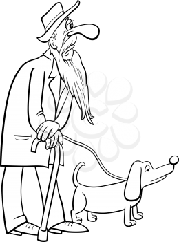 Black and white Cartoon illustration of mature age man senior or grandfather walking with dog coloring book page