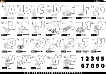 Black and white cartoon illustration of capital letters alphabet set with funny characters and objects for reading and writing education for kids