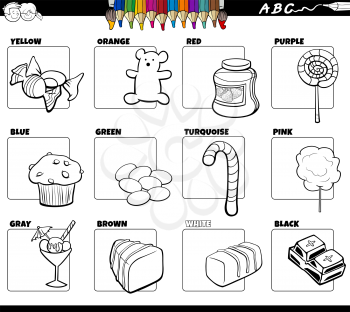 Black and white Cartoon illustration of basic colors with comic sweet food object educational set coloring book page