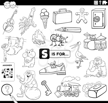 Black and white cartoon illustration of finding pictures starting with letter S educational task worksheet for children with objects and comic characters coloring book page