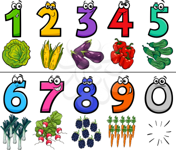 Cartoon Illustration of Educational Numbers Collection from One to Nine with Vegetables Food Objects