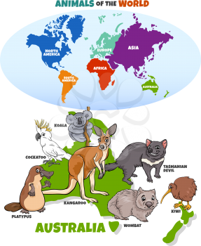Educational Cartoon Illustration of Australian Animals and World Map with Continents