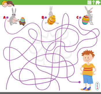 Cartoon Illustration of Lines Maze Puzzle Game with Boy and Funny Easter Bunnies Characters