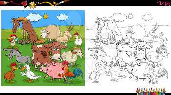 Cartoon illustration of funny farm animal characters group coloring book page