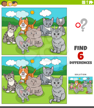 Cartoon illustration of finding the differences between pictures educational game for children with funny cats and kitten characters