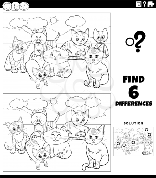 Black and white cartoon illustration of finding the differences between pictures educational game for children with funny cats and kitten characters coloring book page