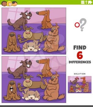 Cartoon illustration of finding the differences between pictures educational game for children with funny dogs and puppies characters