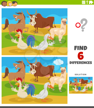 Cartoon illustration of finding the differences between pictures educational game for kids with comic farm animal characters