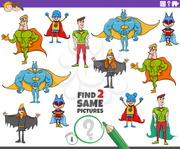 Cartoon illustration of finding two same pictures educational game for children with super heroes characters