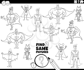 Black and white cartoon illustration of finding two same pictures educational game for children with super heroes characters coloring book page