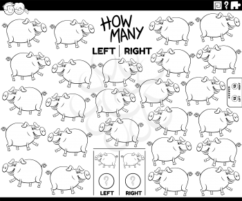 Black and white cartoon illustration of educational task of counting left and right oriented pictures of pig farm animal character coloring book page