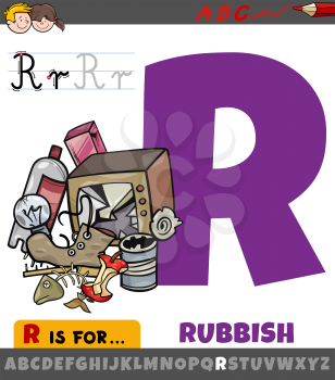 Educational cartoon illustration of letter R from alphabet with rubbish objects for children 