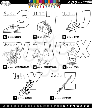Black and white cartoon illustration of capital letters alphabet educational set for reading and writing practice for elementary age kids from S to Z coloring book page