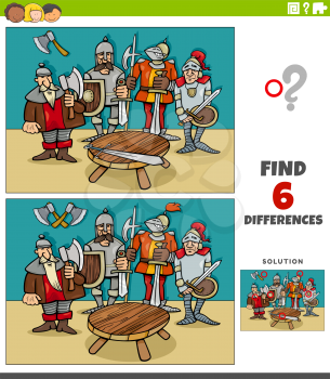 Cartoon illustration of finding the differences between pictures educational game for kids with knights group