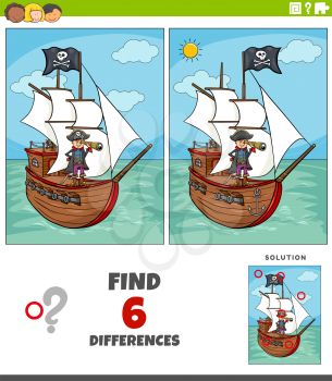 Cartoon illustration of finding the differences between pictures educational game for kids with pirate and his ship