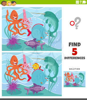 Cartoon illustration of finding the differences between pictures educational game for kids with sea animal characters underwater