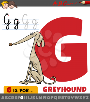 Educational cartoon illustration of letter G from alphabet with greyhound dog animal character for children 