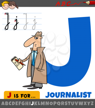 Educational cartoon illustration of letter J from alphabet with journalist word for Children 