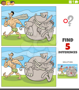 Cartoon illustration of finding the differences between pictures educational game with prehistoric man or caveman with mammoth