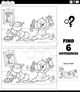 Black and white cartoon illustration of finding the differences between pictures educational game with little girl and boy babies characters coloring book page