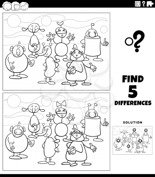 Black and white cartoon illustration of finding the differences between pictures educational game for kids with aliens or funny fantasy characters coloring book page