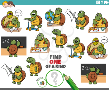 Cartoon illustration of find one of a kind picture educational game with funny turtles student characters