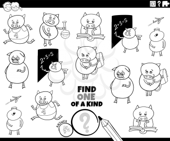 Black and white cartoon illustration of find one of a kind picture educational game with funny piglets student characters coloring book page
