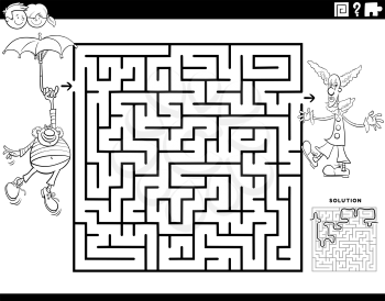 Black and white cartoon illustration of educational maze puzzle game for children with funny clowns characters coloring book page