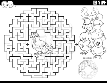 Black and white cartoon illustration of educational maze puzzle game for children with little chick hatched from Easter egg coloring book page