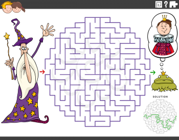 Cartoon illustration of educational maze puzzle game for children with wizard and the frog prince