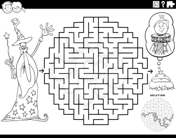 Black and white cartoon illustration of educational maze puzzle game for children with wizard and the frog prince coloring book page