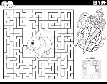 Black and white cartoon illustration of educational maze puzzle game for children with rabbit animal character with hay, carrot and lettuce coloring book page