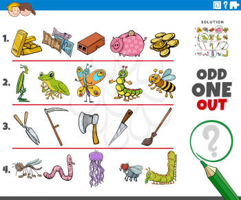 Cartoon illustration of odd one out picture in a row educational game for children with object and animal characters