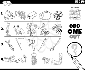 Black and White cartoon illustration of odd one out picture in a row educational game for children with object and animal characters coloring book page