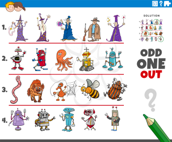 Cartoon illustration of odd one out picture in a row educational game for elementary age or preschool children with comic characters